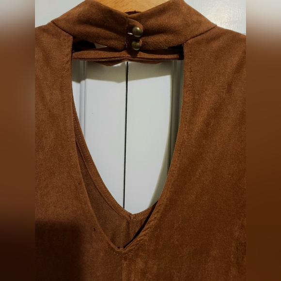 Camel Color Faux Suede Cutout Choker-Neck Style Mini Dress - Picture 3 of 6